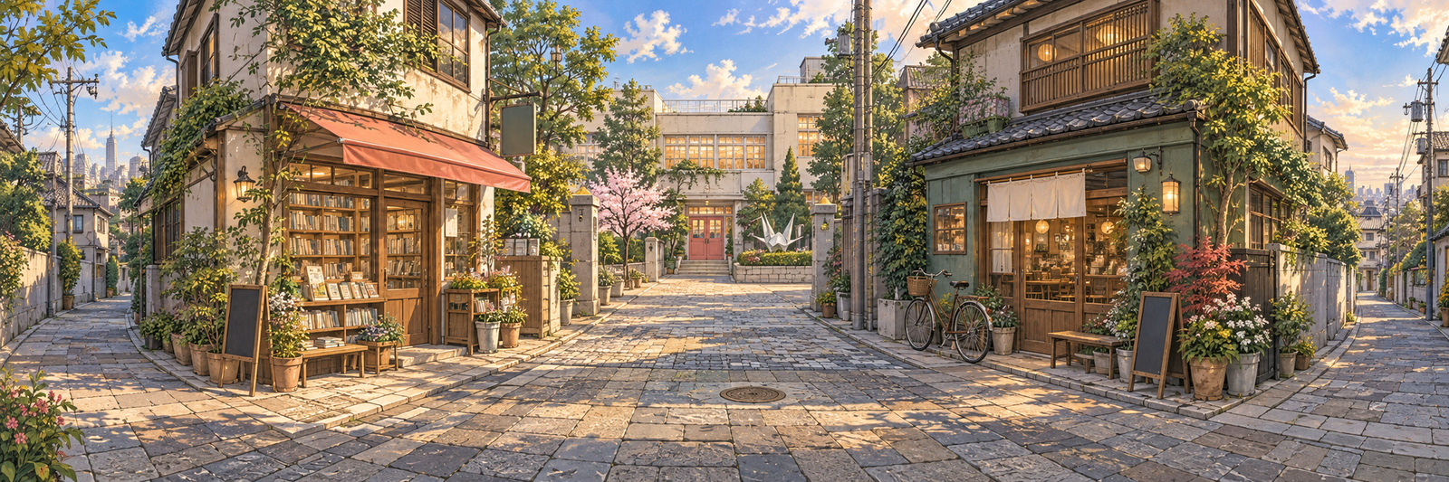 Calle japonesa ilustrada: una librería a la izquierda, una escuela al fondo y una cafetería a la derecha.